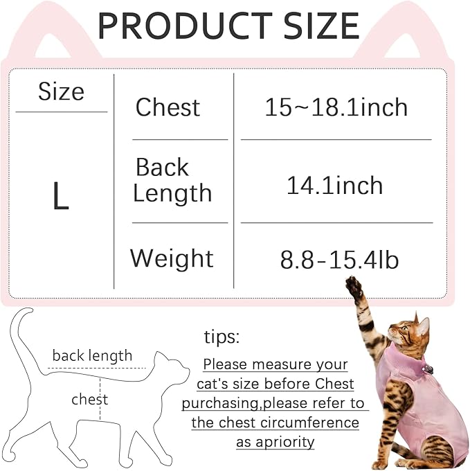 Cat Surgery Recovery Suit - L Size Pink, Soft and Breathable for a Comfortable Recovery, Designed for Ease of Wear and Ideal Post-Op Care