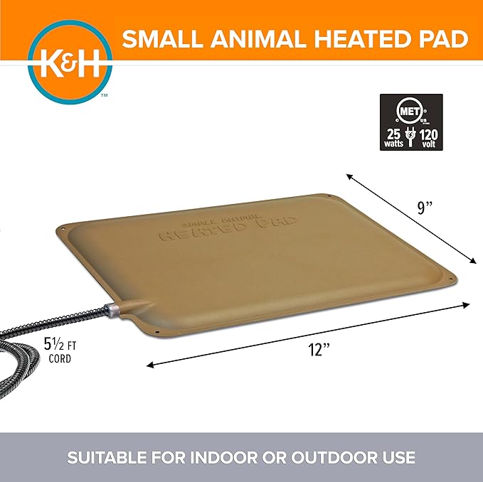 K&H Pet Products Small Animal Outdoor Heated Pad, Waterproof, Chew Resistant, Safety Listed, Indoor Outdoor Heater Warming Pad for Cat Houses, Rabbit Hutches, or Chick Brooders - 12 X 9in Tan 25W
