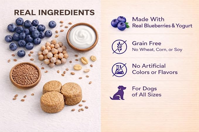 Grain Free Blueberry Yogurt Dog Treats - Crunchy Dog Biscuits, Low Calorie Training Treats for Dogs - Clover-Shaped Dog Cookies for All Breeds & Puppies, No Wheat Corn Soy - 20oz (Packaging May Vary)