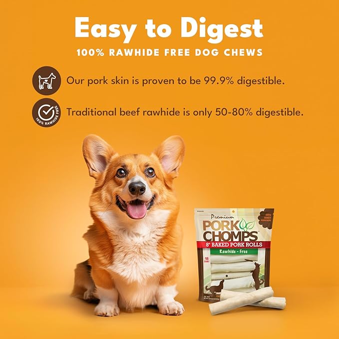 Pork Chomps Baked Pork Skin Dog Chews, 8-inch Rolls, 18 Count (Pack of 1)