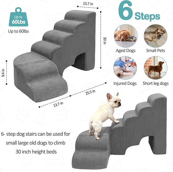 Dog Stairs for High Bed, Pet Stairs for Small Dog, 6 Tiers Steps for Dogs to Get on Beds, 30 inches L Shape Pet Step Ramps for Old Cats, Injured Dogs and Small Puppy