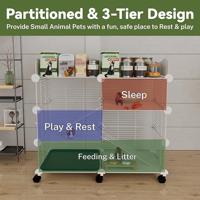 STILLCOVE Large Guinea Pig Cages Indoor on Wheels, 3 Tier C&C Ferret Cage Small Animal Hideout House with Top & Removable Tray, Pet Playpen Fence for 1-3 Hamster, Rat, Chinchilla, Hedgehog