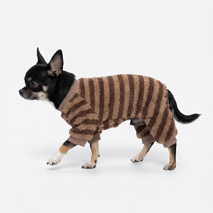 Fitwarm Fleece Striped Dog Pajamas, Dog Winter Clothes for Small Dogs Girl Boy, Velvet Dog Onesie, Soft Pet Jammies, Doggy Apparel, Brown, Tan, XS