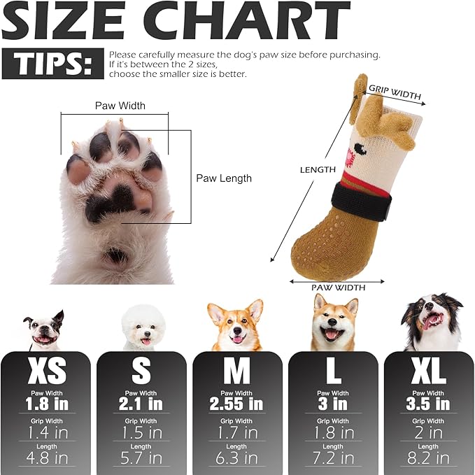 EXPAWLORER Christmas Anti Slip Dog Socks to Prevent Licking Paws, Boots & Paw Protectors with Grippers,Doggie Booties for Hardwood Floors for Small Medium Large Senior Dogs Lifelike Costume Reindeer M