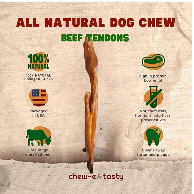 chew-e&tasty Beef Tendon Chews for Dogs (10-12 Inch, 5 Pack), All Natural Rawhide Free Dog Chews, Long Lasting w/Chondroitin & Glucosamine, Dental Health for Small, Medium, Large