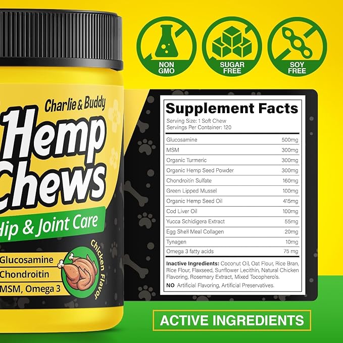 Glucosamine for Dogs - Hеmp Calming Chews with Glucosamine & Chondroitin - Daily Support with MSM, Omega 3 and Turmeric for Senior and Large Breed Dogs - Chicken Flavor, 120 Soft Treats
