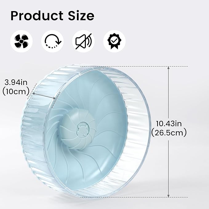 Silent Hamster Wheel, 10in Hamster Wheel No Stand, Double-Bearing Quiet Spinner for Syrian Hamsters, Hedgehogs, Mice & Small Pets, Blue