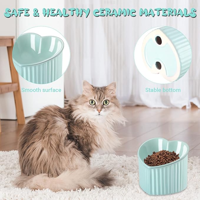 Mumufy 2 Pcs Ceramic Elevated Cat Bowls Tilted Elevated Raised Pet Bowls Anti Vomit Cat Dish for Indoor Stress Free Water Dish Feeder for Puppies, Heart Shaped(Macaron Blue, Pink)