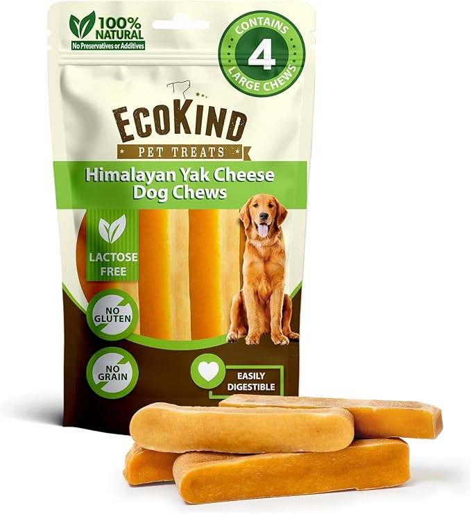 EcoKind Himalayan Yak Cheese Dog Chew | All Natural Premium Dog Treats, Healthy & Safe, Long Lasting, Easily Digestible, for All Breeds & Sizes (Large, 4-Pack)