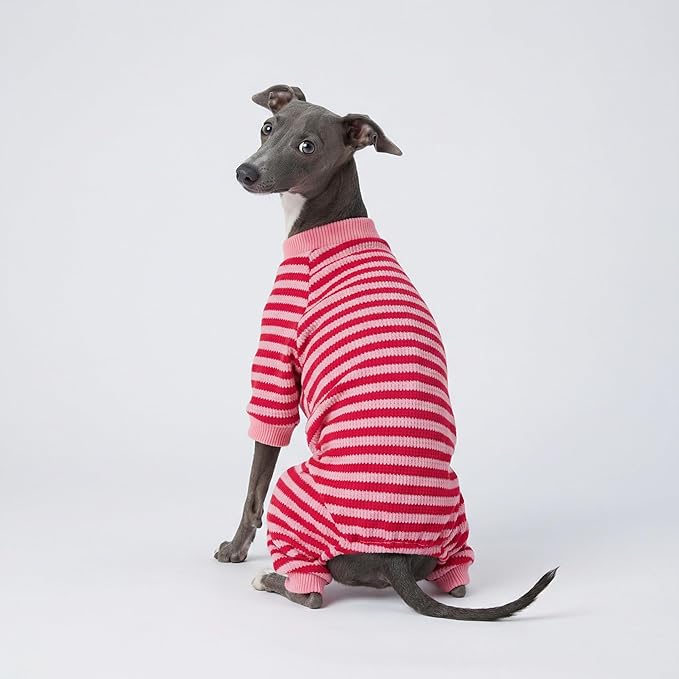 Fitwarm Pink and Red Striped Dog Pajamas, Waffle Dog Clothes for Small Dogs Girl Boy, Puppy Onesie with Feet, Pet Cat Outfit, Medium