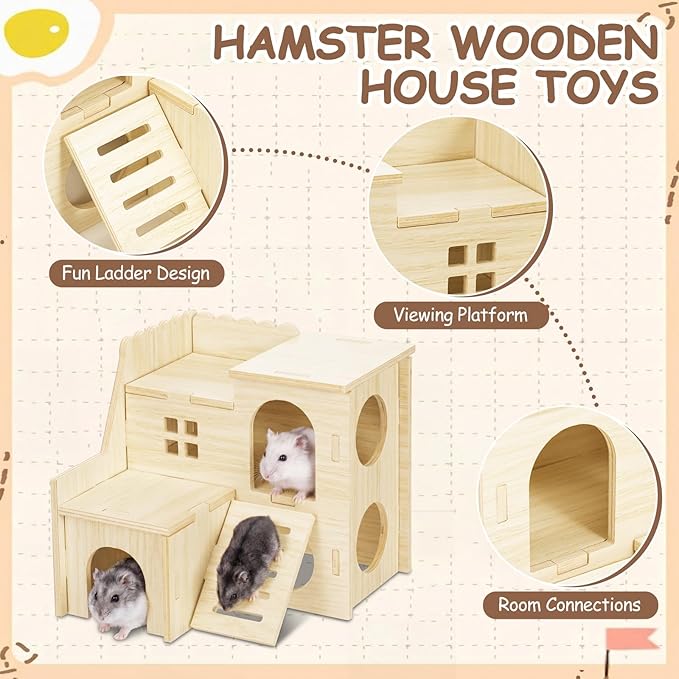 BreezeHug 4 Pcs Hamster Platform Hideout Wooden Tunnel Ladder Playhouse Hamster Game Climbing Toy with Platform Cage Accessories for Small Pets Dwarf Syrian Mice Degus Gerbils Squirrel(Loft)