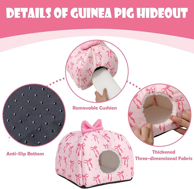 JarThenaAMCS Washable Guinea Pig House Bed Pink Bow Bunny Hideout Cage Accessories Reusable Hideaway for Ferret Hedgehog Small Animal, 9.5 x 9.5 x 8 Inch