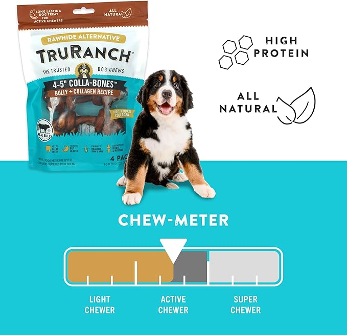 TRURANCH 4-5" Collagen Bones, Bully - Collagen Dog Bones - Long Lasting Healthy Joint Support - Rawhide Alternative - Skin & Coat Health, Value Pack, 15 Bags, 60 Count