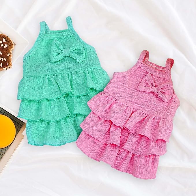 2 Pieces Dog Dress for Small Dogs Girl,Puppy Sleeveless Clothes Pet Pullover Vest Skirt,Cute Bow Tiered Cake Dress Pet Dog Shirt Breathable Outfits for Small Dogs Puppy Cats Girl Apparel