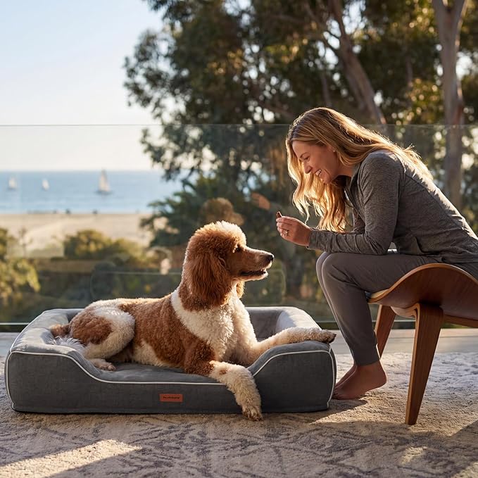 Orthopedic Dog Bed for Large Dogs,Cooling Gel & Egg Crate Foam,Waterproof Removable Washable Cover,Bolster Couch Bed for Big Breed Senior Pets,Dark Grey, 42.0"X30.0"X9.0"
