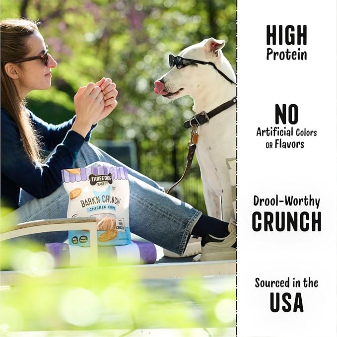 Three Dog Bakery Bark'N Crunch! Chicken Chips with 100% Real Chicken - 15 oz - Crunchy Treats for Dogs - High Protein Dog Snacks - Grain Free, No Corn or Soy, Single Ingredient Treats