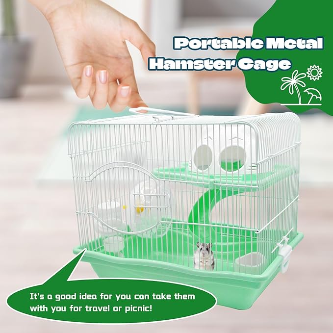 2-Tier Portable Hamster Cage and Habitats,Travel Metal Mouse Cages with Free Water Bottle,Houses and Exercise Wheel for Any Breed of Hamster and Small Animal (14.6x11.0x11.8inch Green)