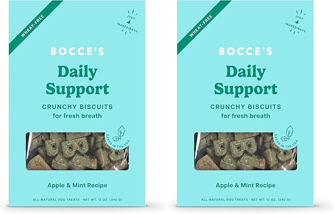 Bocce's Bakery Breath Daily Support Treats for Dogs,Wheat-Free Dog Treats,Made with Real Ingredients,Baked in The USA,Supports Oral Health,All-Natural Apple & Mint Biscuits,12 oz,(Pack of 2)