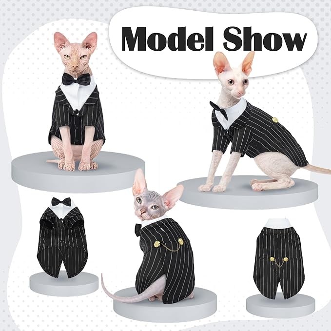 QBLEEV Cat Tuxedo Outfit, Formal Cat Suit Costume with Bow Tie, Sphynx Hairless Clothes for Cats Only, Kitten Wedding Birthday Party Attire Apparel for Male Boy, Cute Small Pet Gentleman Formal Wear