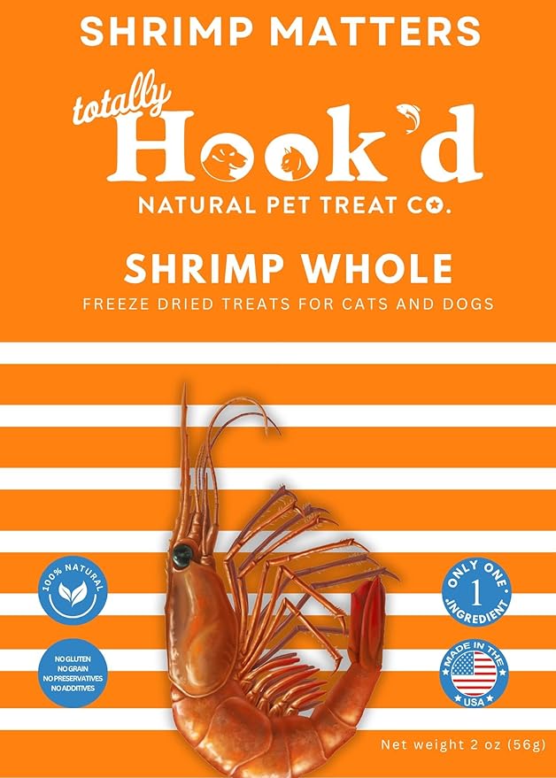 Totally Hook'd Freeze‑Dried Single‑Ingredient Treats, High‑Protein Omega-3 Training Snack for Dogs & Cats (2 Ounce, Shrimp)
