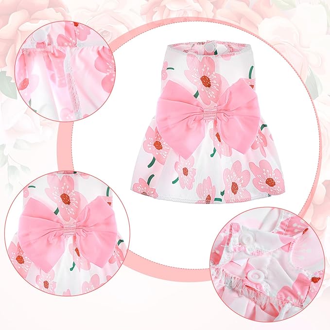 Dog Floral Dress, Cute Dog Dresses with Pink Bow, Pet Princess Dresses, Pink Floral Dogs Cat Clothes, Spring Summer Pet Clothes for Chihuahua, Yorkie, Puppy and Small Cats (XS Size)