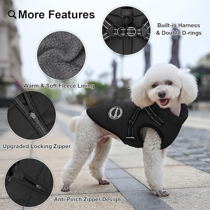 Warm Dog Winter Coat, Windproof Dog Cold Weather Jacket, Reflective & Adjustable Black Pet Vest with Harness, Thick Polar Fleece Lining Cozy Apparel for Small Medium Cats