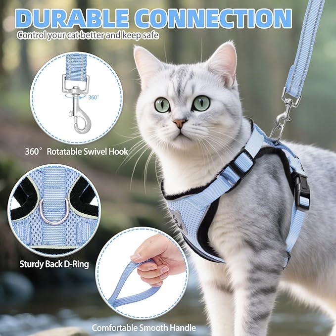 PUPTECK Cat Harness and Leash Set Escape Proof Reflective Cat Walking Harness Adjustable Soft Breathable Mesh Vest for Small Pets, Sky Blue, XS