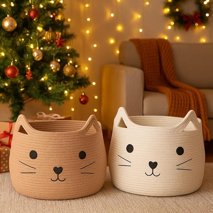 VK VK·LIVING Animal Baskets Large Woven Cotton Rope Storage with Cute Cat Design Laundry Organizer for Towels, Blanket, Toys, Clothes, Gifts – Cat Toy Box Pet or Baby Gift Baskets 15"Lx14H"