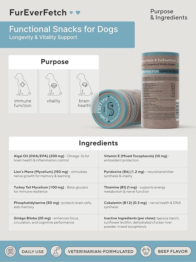 Senior Dogs Cognitive Support | Premium Canine Longevity Stack | Lion's Mane, Turkey Tail & Phosphatidylserine | Biohacking Brain Health Formula | Beef Flavor
