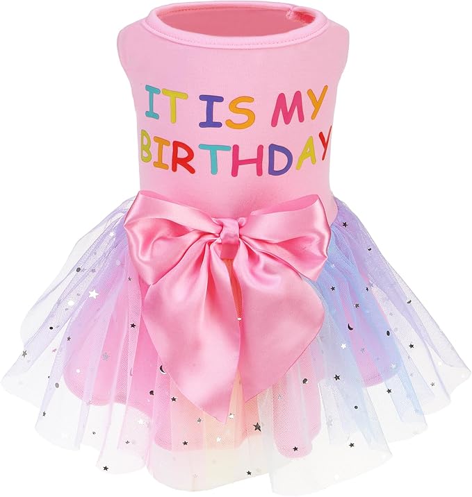 PUPTECK Print Dog Dress Pet Apparel for Birthday with Cute Bowtie Puppy Clothes Outfit, XS