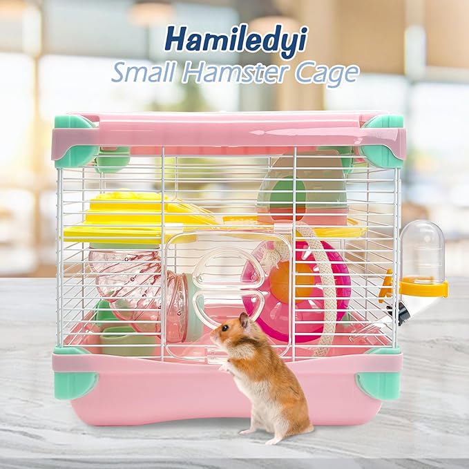 Hamiledyi Portable Hamster Cage 2 Layers Dwarf Hamster Habitat Small Animal Travel Cage with Exercise Wheel Hamster Enclosure Mouse Cage for Hamsters Mice Gerbils or Other Tiny Pets