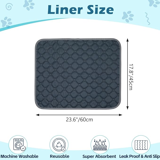 Reusable Guinea Pig Cage Liners, 24" x 18" (Pack of 2) Washable Pee Pads , Super Absorbent & Waterproof & Anti-Slip Pet Bedding Liner, Rabbit Cage Mat for Small Animals (Gray)