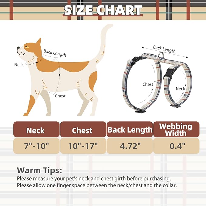 PUPTECK Adjustable Cat Harness and Leash Set Escape Proof Kitten Strap Collar for Walking Travel, Beige Plaid