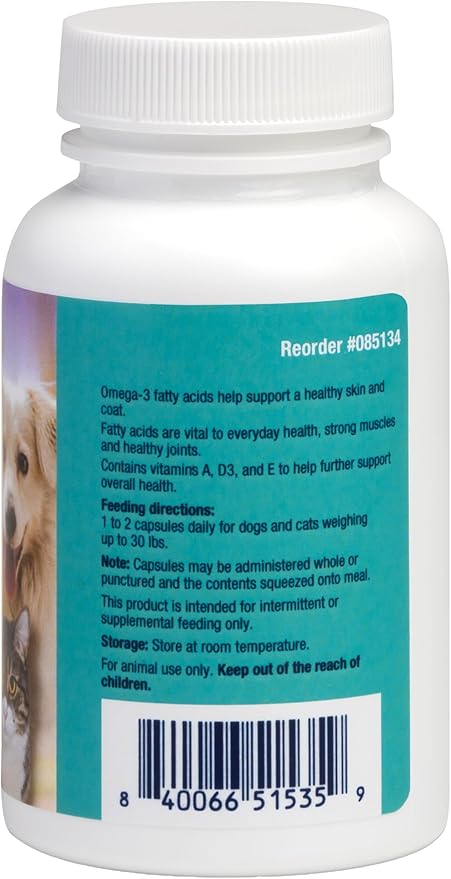 Covetrus Omega-3 Soft Gels for Cats & Small Dogs – Essential Fatty Acids with Vitamins A, E & D3 – Skin, Coat & Joint Supplement – 60 Count