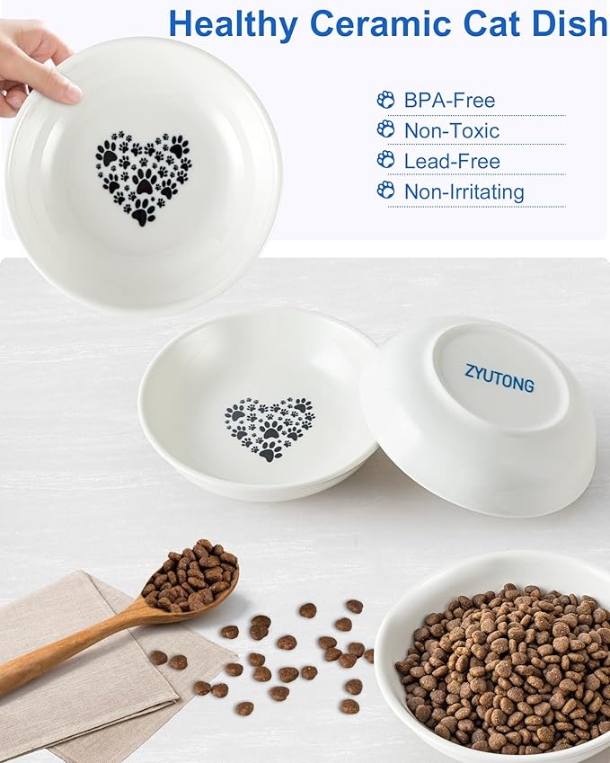 6PCS Whisker Fatigue Ceramic Cat Dishes - 5.5" Shallow Cat Food Bowl, Cute Kitten Plates for Wet Food, Whisker-Friendly, Non-Slip, Wide, White, Heart & Claw Pattern