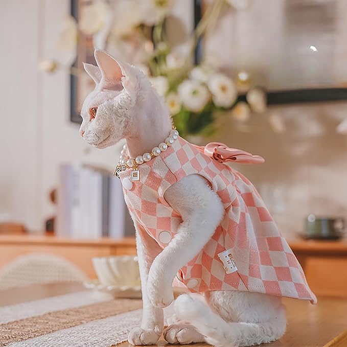 Pink Sphynx Cat Dress, Soft Sleeveless Cats Princess Dress with Bow, Cute Summer Cats Outfit for Wedding Birthday Daily Wear (XL,Pink)