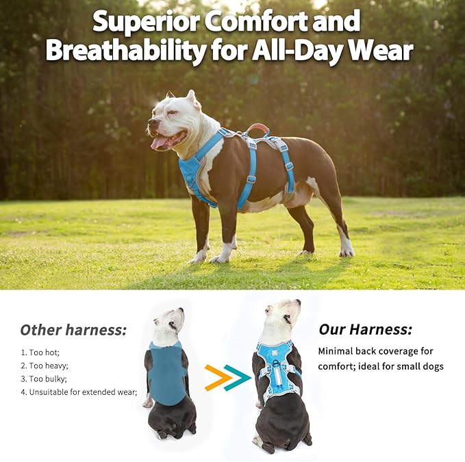 Huntboo Escape Proof Dog Harness, Escape Artist Harness, Reflective Harness with Padded Handle, Breathable, Durable, Adjustable Vest for Medium Dogs Walking, Training, and Running Gear (Blue, S)