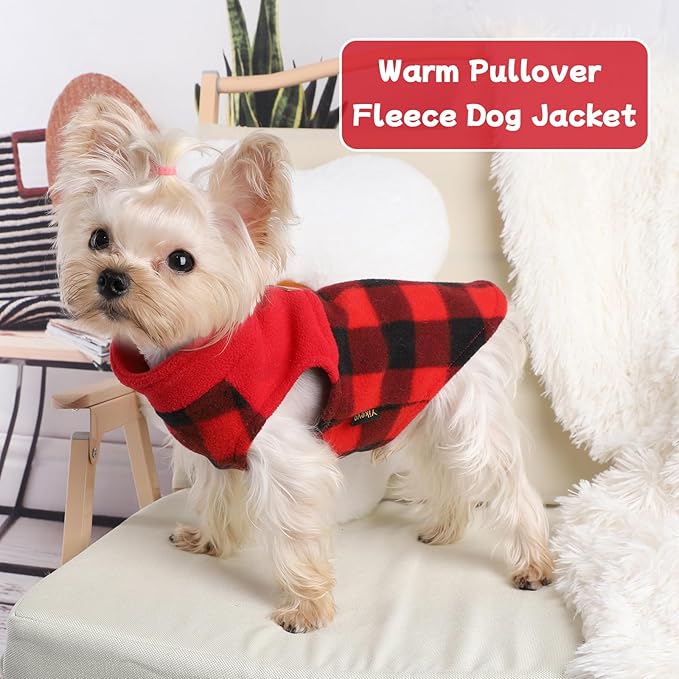 DaFuEn Dog Sweater, Dog Fleece Vest Winter Coat for Boy Girl, Pet Clothes Pullover, Soft Stretchy Puppy Sweater, Yorkie Teacup Chihuahua Jacket (Red Plaid, XS)