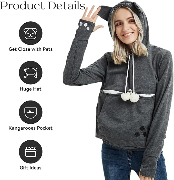 YYW Womens Pet Hoodies Pullover Sweatshirt Oversized Cat Hoodies Pet Holder Cat Dog Pouch Carriers (Dark Grey,XX-Large)