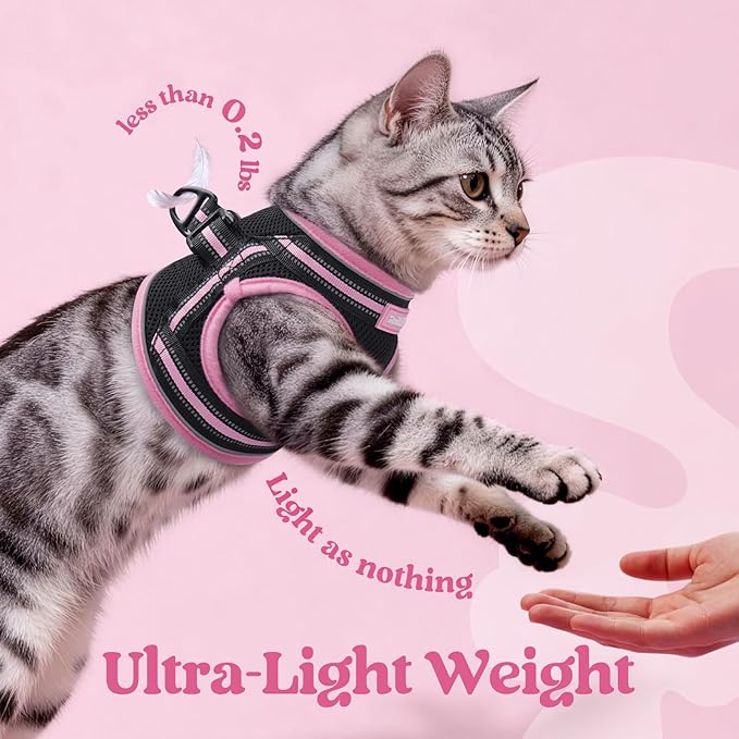 rabbitgoo Cat Harness and Leash Set for Walking Escape Proof, Adjustable Soft Kittens Vest with Reflective Strip for Cats, Comfortable Outdoor Vest, Black & Pink, S
