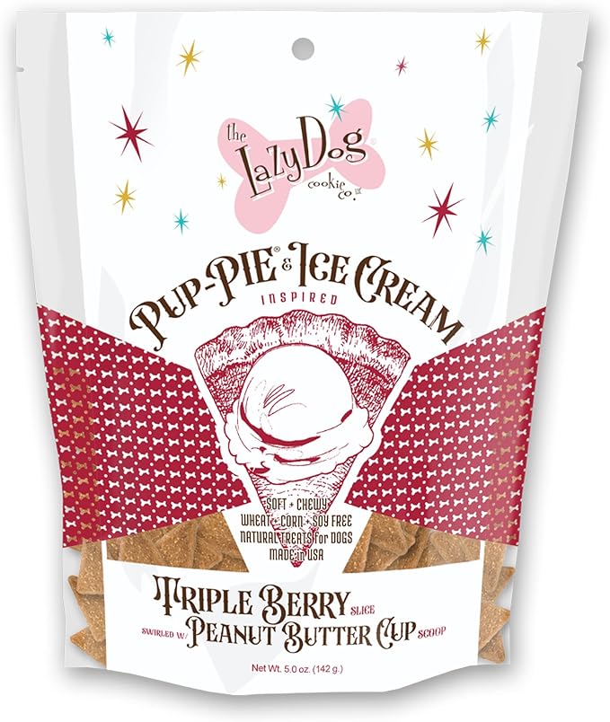 The Lazy Dog Cookie Co. Soft and Chewy Dog Treats, Pie Slice Shaped Dog Cookies, Triple Berry Slice Pup-Pie with Peanut Butter Cup Ice Cream Inspired Flavor, Baked in The USA, 5 oz. (Pack of 1) (PB)