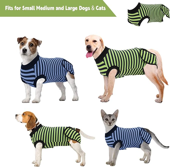 2 Packs Breathable Cotton Dog Recovery Suit for After Neuter Spay Abdominal Wounds Protector, Professional Anti-Licking Onesies for Male Female Pets Surgery Bandages, 2XL Blue & Green Stripes