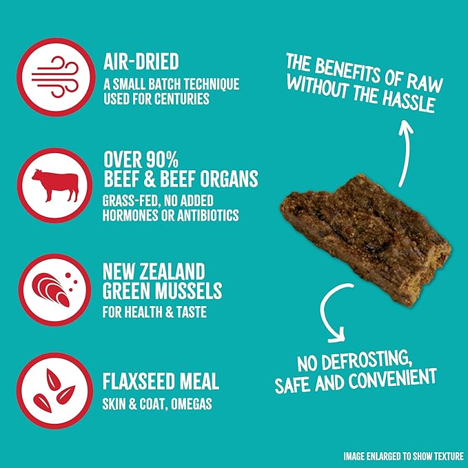 RawTernative Air Dried Dog Food, High Protein, Over 90% Real Beef & Beef Organs + New Zealand Green Mussels, Complete Meal or Topper, Grain Free, Gluten Free, Non GMO, (5 oz Bag)
