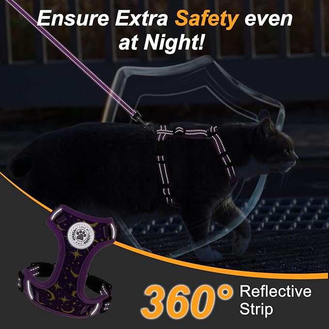 BEAUTYZOO Cat Harness, Escape Proof Cat Leash and Harness Set for Walking, Soft Breathable Vest Harness with Neck Adjustable, Reflective Easy-Control Kitten Harness for Cats (Star Design),Purple S