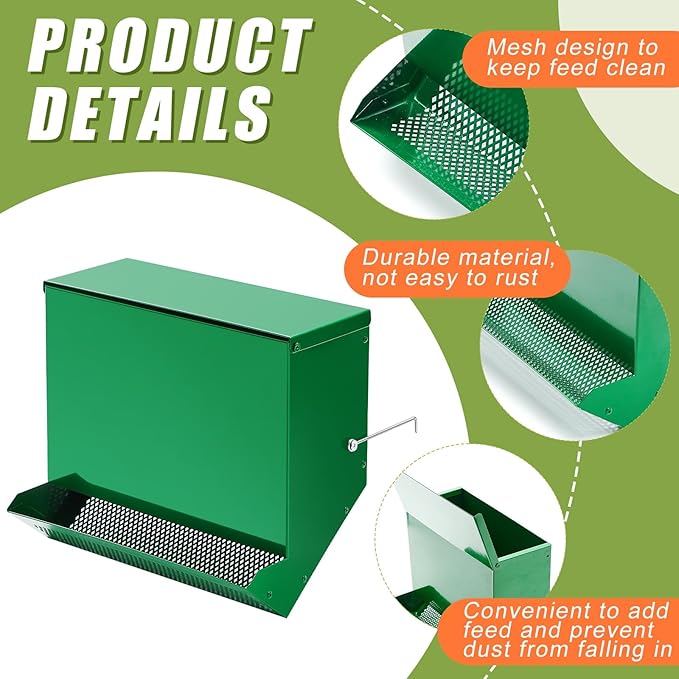 Maxcheck No-Waste Metal Rabbit Feeder for Cages, Large Hanging Food Dispenser with Mesh Bottom & Lid, Holds 5lb Feed for Several Days, Bunny & Small Pets