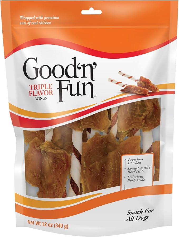 Good ‘n’ Fun Triple Flavor Wings Chews for All Dogs, 12 Ounces, Treat Your Dog to Long-Lasting Chews Made with Chicken, Beef Hide and Pork Hide