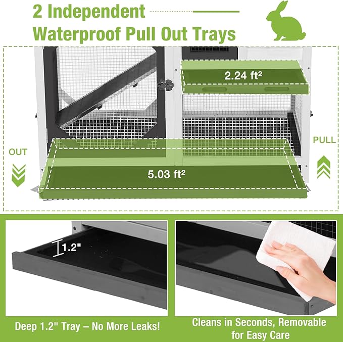 Gutinneen 2-Story Rabbit Hutch Bunny cage with Chew-Proof Ramp, Locking Leak-Proof Trays - Indoor/Outdoor 39.3" Wooden Rabbit Cage with Wheels for Rabbits, Guinea Pigs, Small Animal (Black and White)