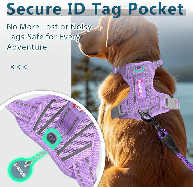 BARKBAY Dog Harness No Pull with ID Tag Pocket - Heavy Duty, Reflective, Easy Control for Large Dogs(Violet Purple,XL)