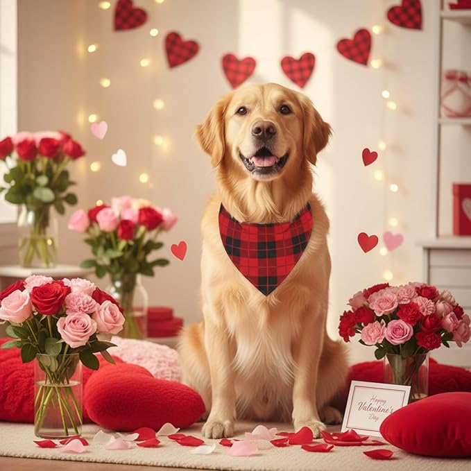Shyyween 100 Pcs Valentine's Day Red Plaid Dog Bandanas Bulk for Dogs Soft Bibs Adjustable Triangle Bandana for Small Medium Large Pet Costume(25.6 x 17.7 x 17.7 Inch)