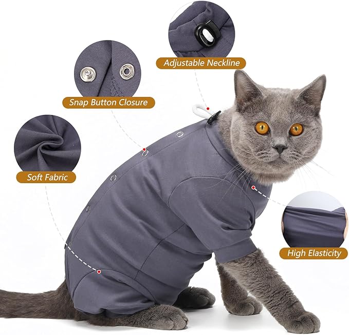 Dotoner Cat Recovery Suit After Surgery Spay Recovery Suit for Female Cats Soft Protective Clothing E-Collar Alternative for Wound Care Post Surgery Apparel(Grey-S)